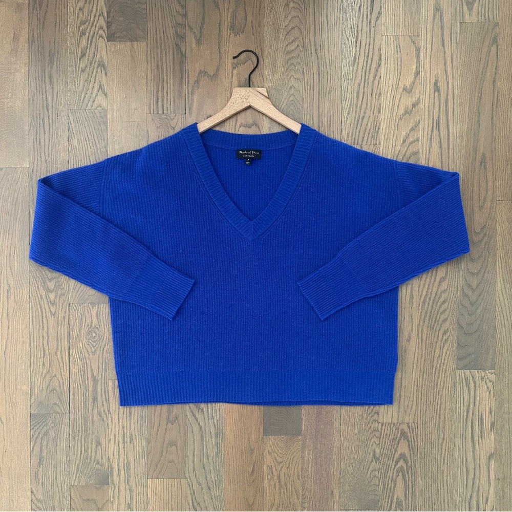 Michael Stars 100% Cashmere Ribbed V-Neck Long Sleeve Sweater Cobalt Blue Medium
